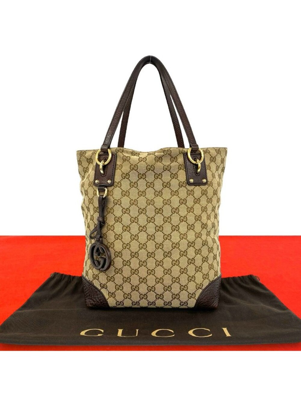 Gucci GG Pattern Canvas Leather Tote Bag Beige Brown